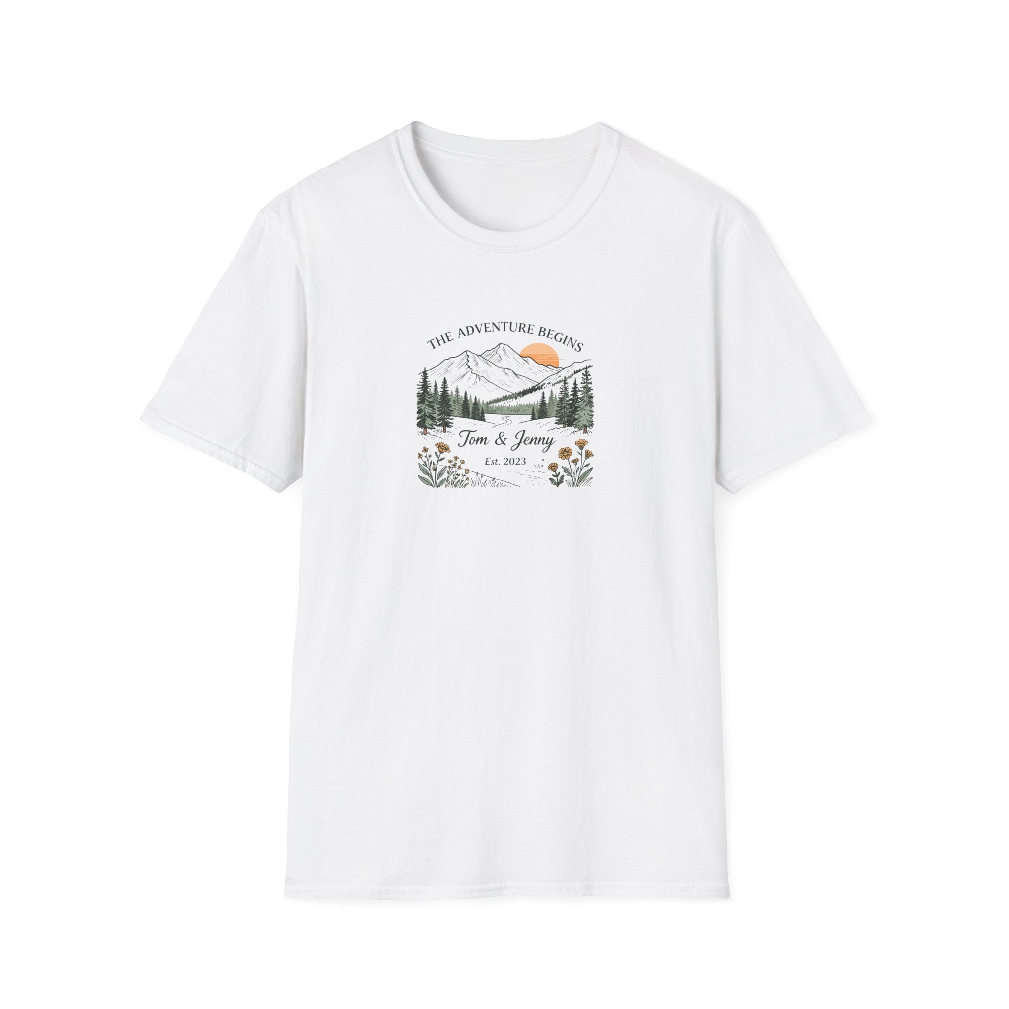 White t-shirt with front print: “The Adventure Begins” mountain scene, Tom & Jenny, floral accents