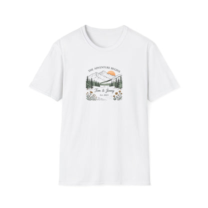 The Adventure Begins Couples T‑Shirt — Personalized Mountain Wedding / Anniversary Tee