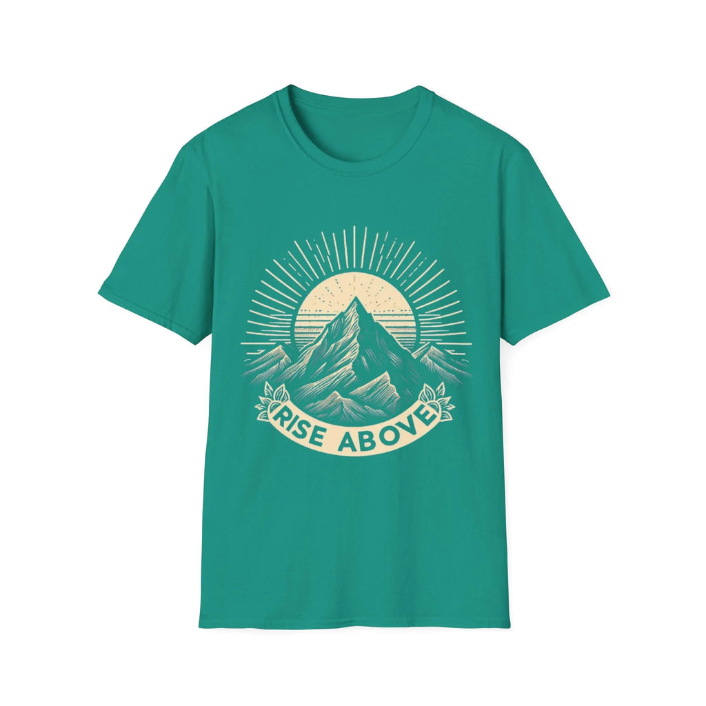 Teal green short-sleeve T-shirt with mountain sunrise “RISE ABOVE” graphic
