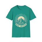 Teal green short-sleeve T-shirt with mountain sunrise “RISE ABOVE” graphic