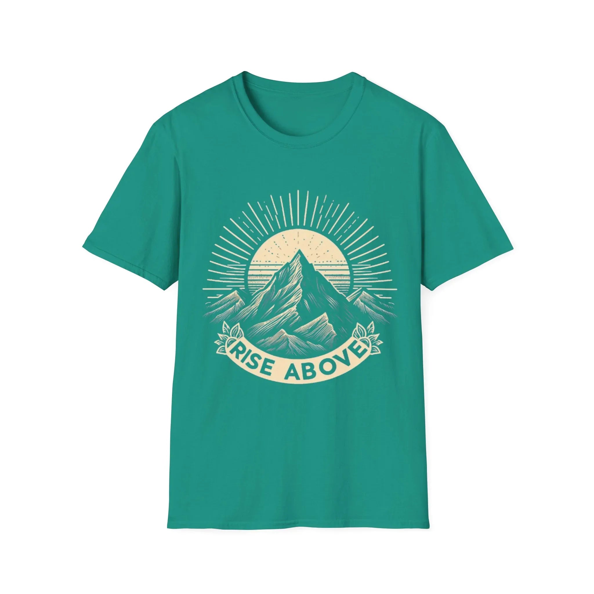 Teal green short-sleeve T-shirt with mountain sunrise “RISE ABOVE” graphic