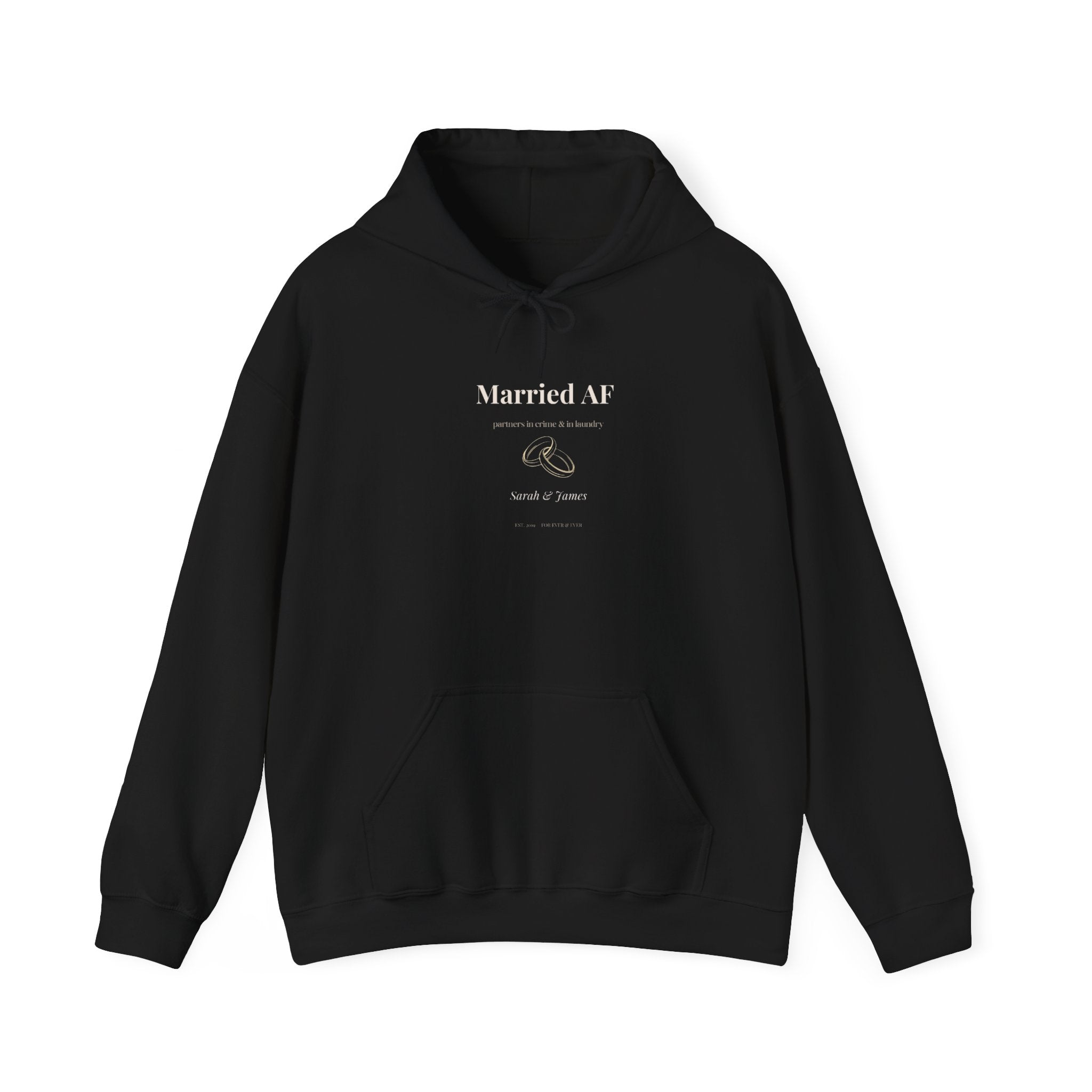 Black couples hoodie with drawstring hood, kangaroo pocket, "Married AF" and ring graphic