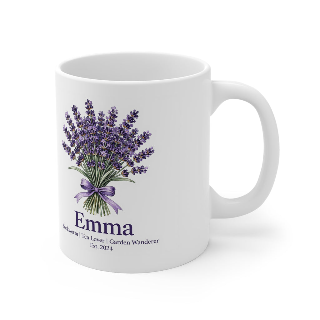 White ceramic mug with lavender bouquet graphic and name Emma