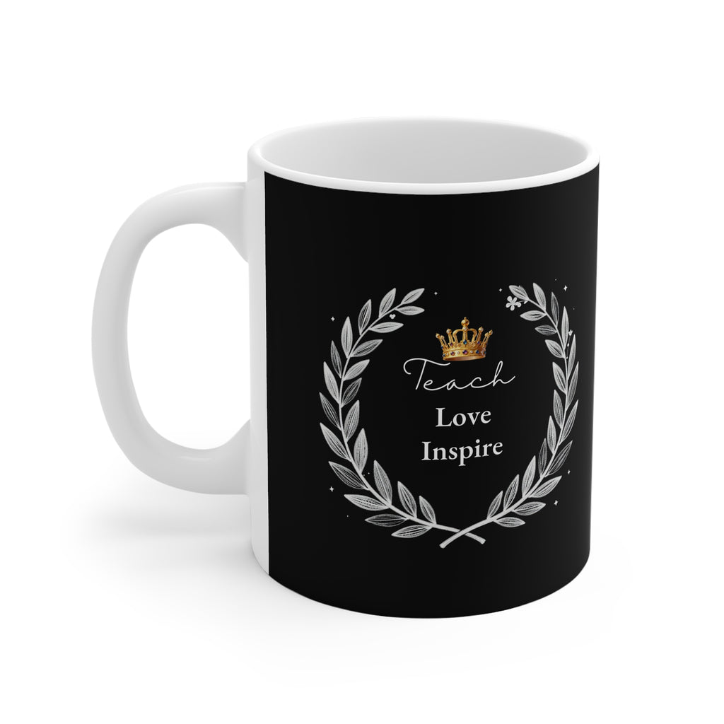 Black personalized teacher mug with crown and “Teach Love Inspire” laurel design