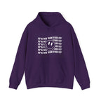 Purple birthday hooded sweatshirt with front graphic text and smiley face