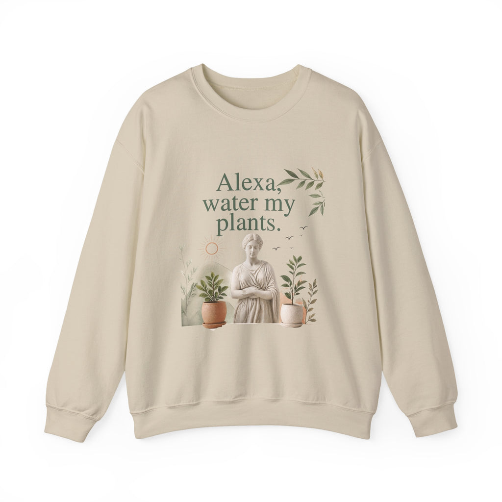 Sand sweatshirt with crew neck and front plant-themed slogan graphic centered on chest