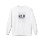 White crewneck sweatshirt with 'I Tell Dad Jokes Periodically' chest graphic