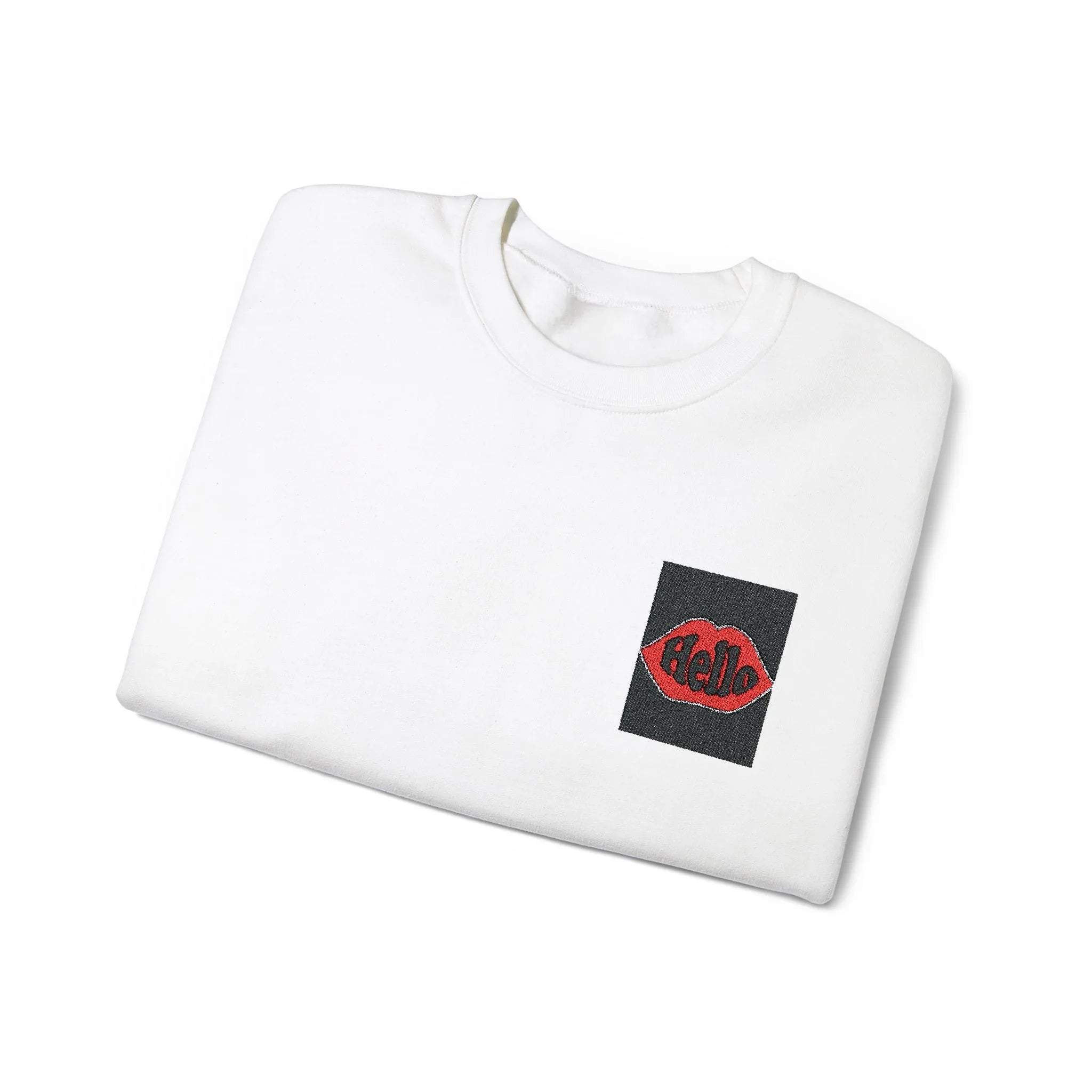 White sweatshirt with embroidered lip logo patch on the left chest.