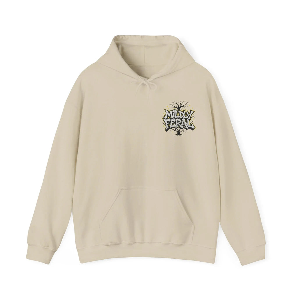 Sand color pullover hoodie with small chest logo and front pouch pocket