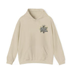 Sand color pullover hoodie with small chest logo and front pouch pocket