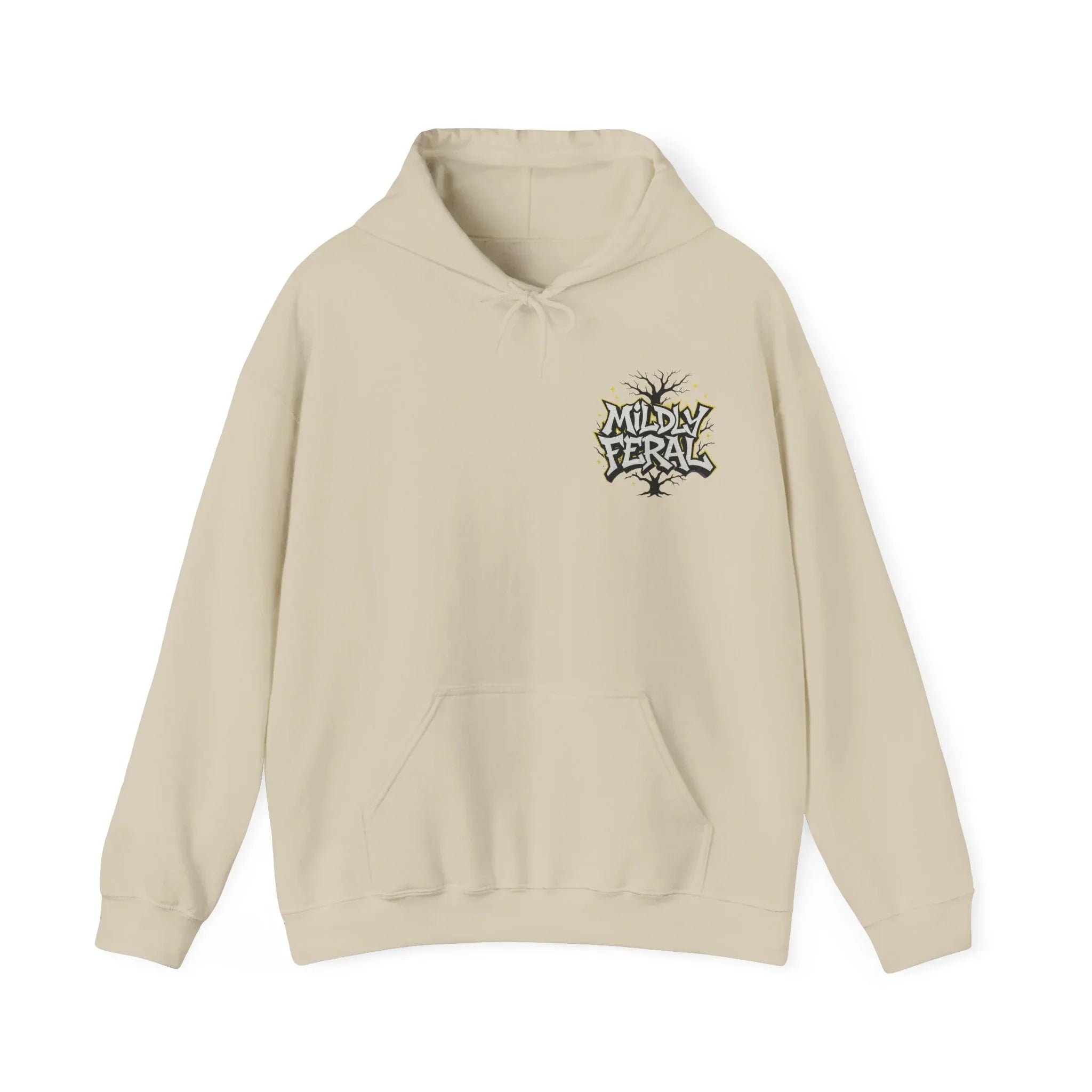 Sand color pullover hoodie with small chest logo and front pouch pocket