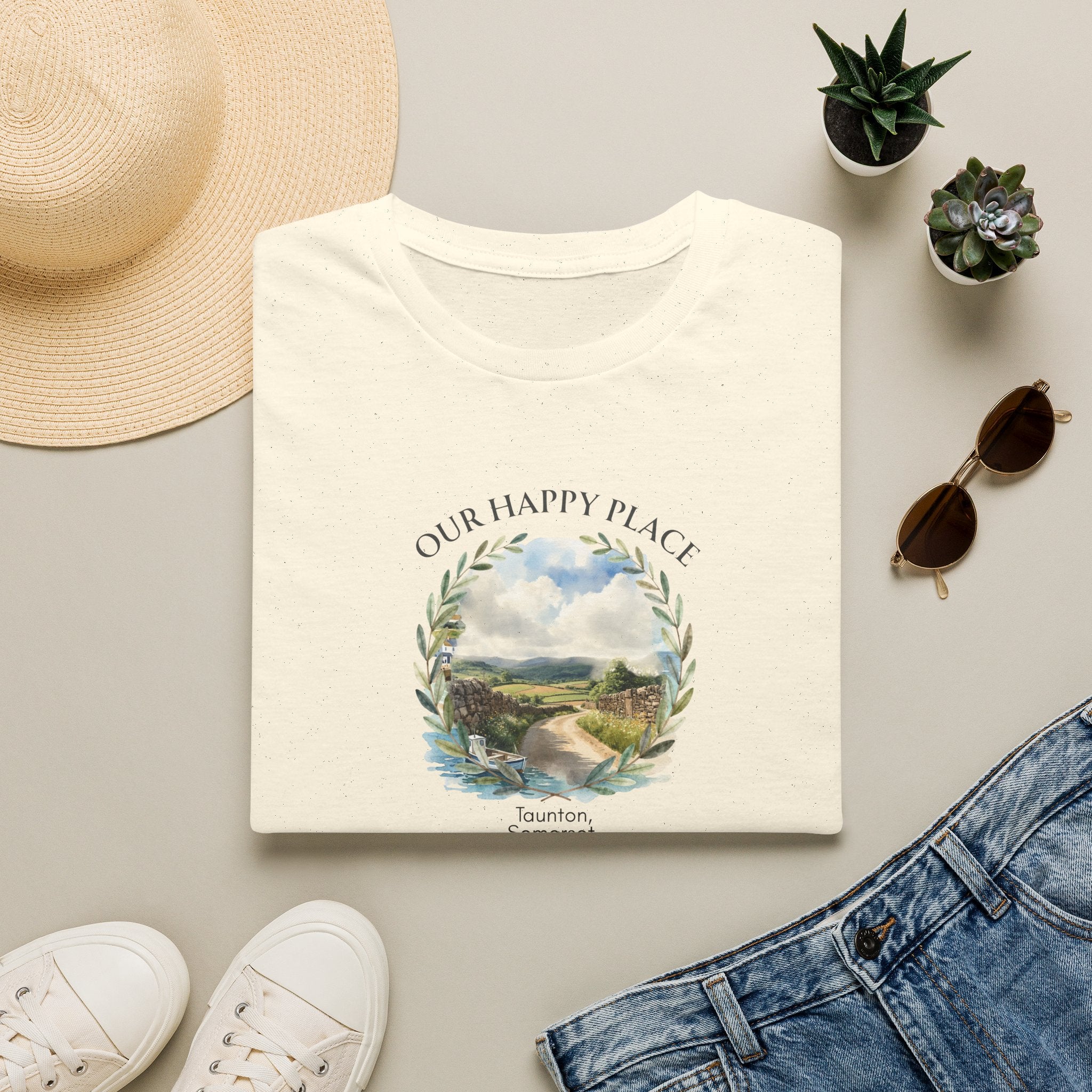 Our Happy Place Scenic T‑Shirt — Personalized Town Landscape Tee