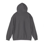 Dark gray pullover hoodie with hood and long sleeves, back view