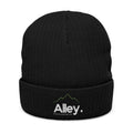 Embroidered 'Alley.' Ribbed Knit Beanie — Thick Fleece-Lined Winter Hat