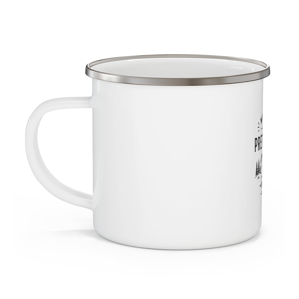 Enamel Camping Mug - "Will Hike for a Pretty View" Mountain Campfire Mug
