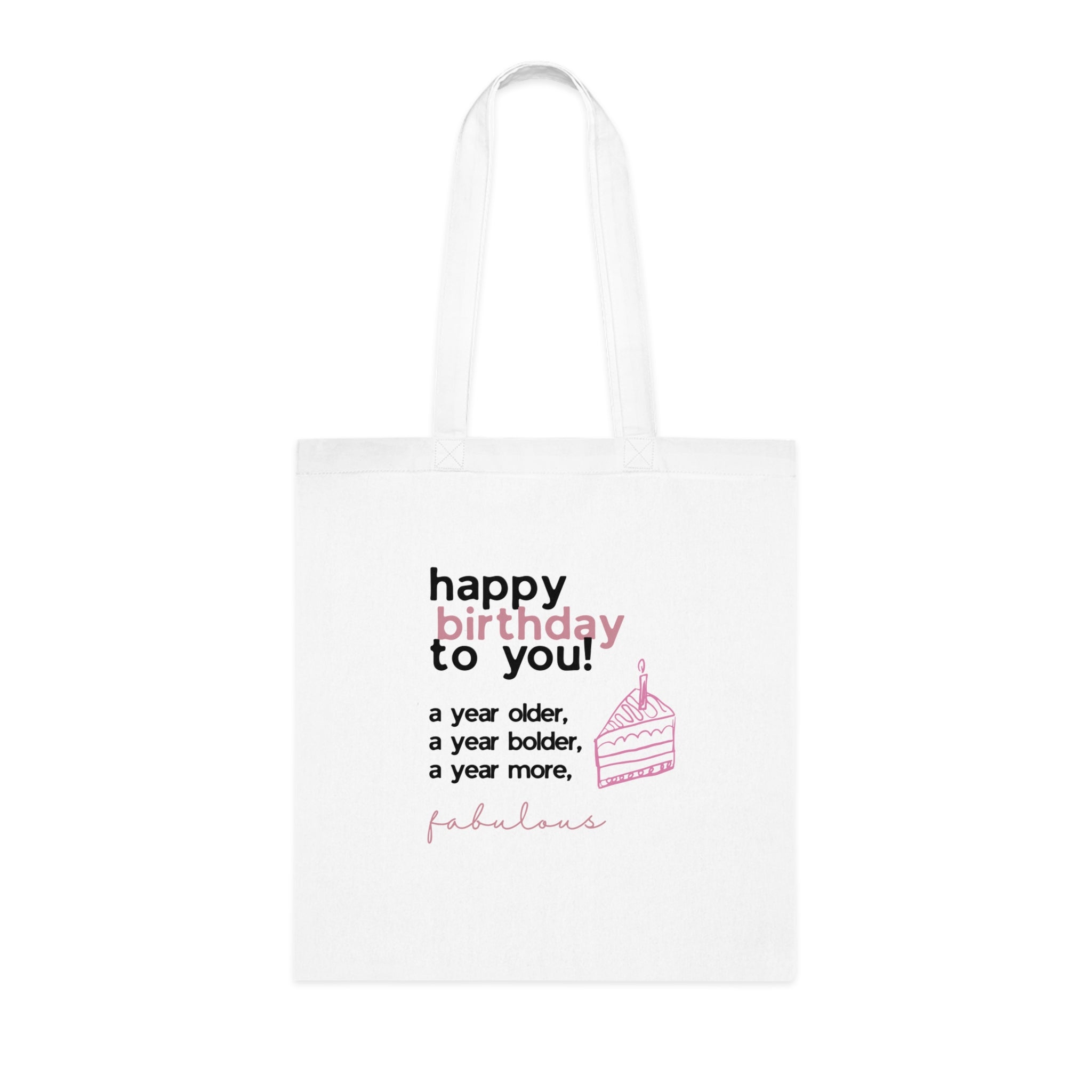 White cotton tote bag with birthday message and cupcake graphic