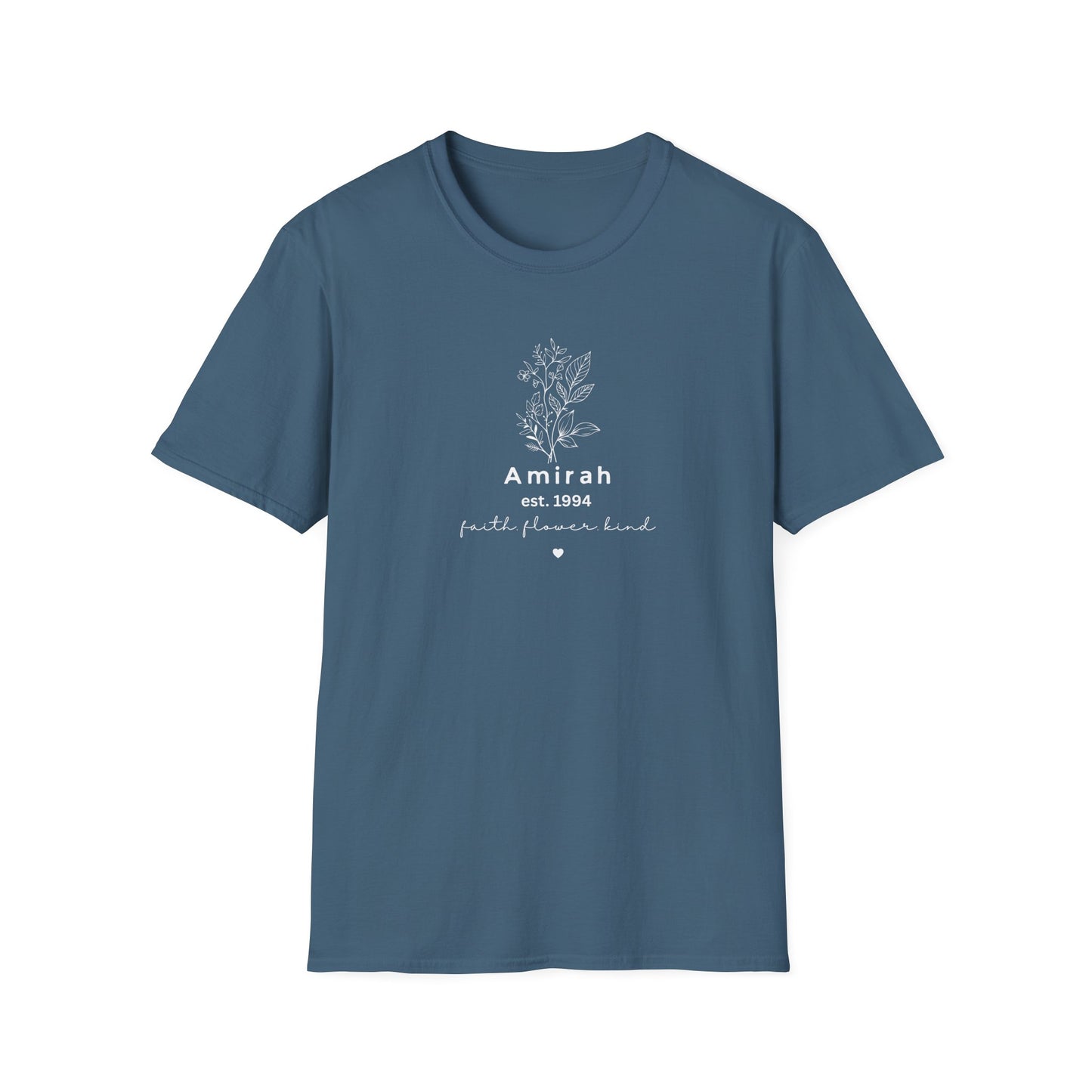 Personalized Floral Name T-Shirt — “Amirah est. 1994” Minimal Botanical Tee