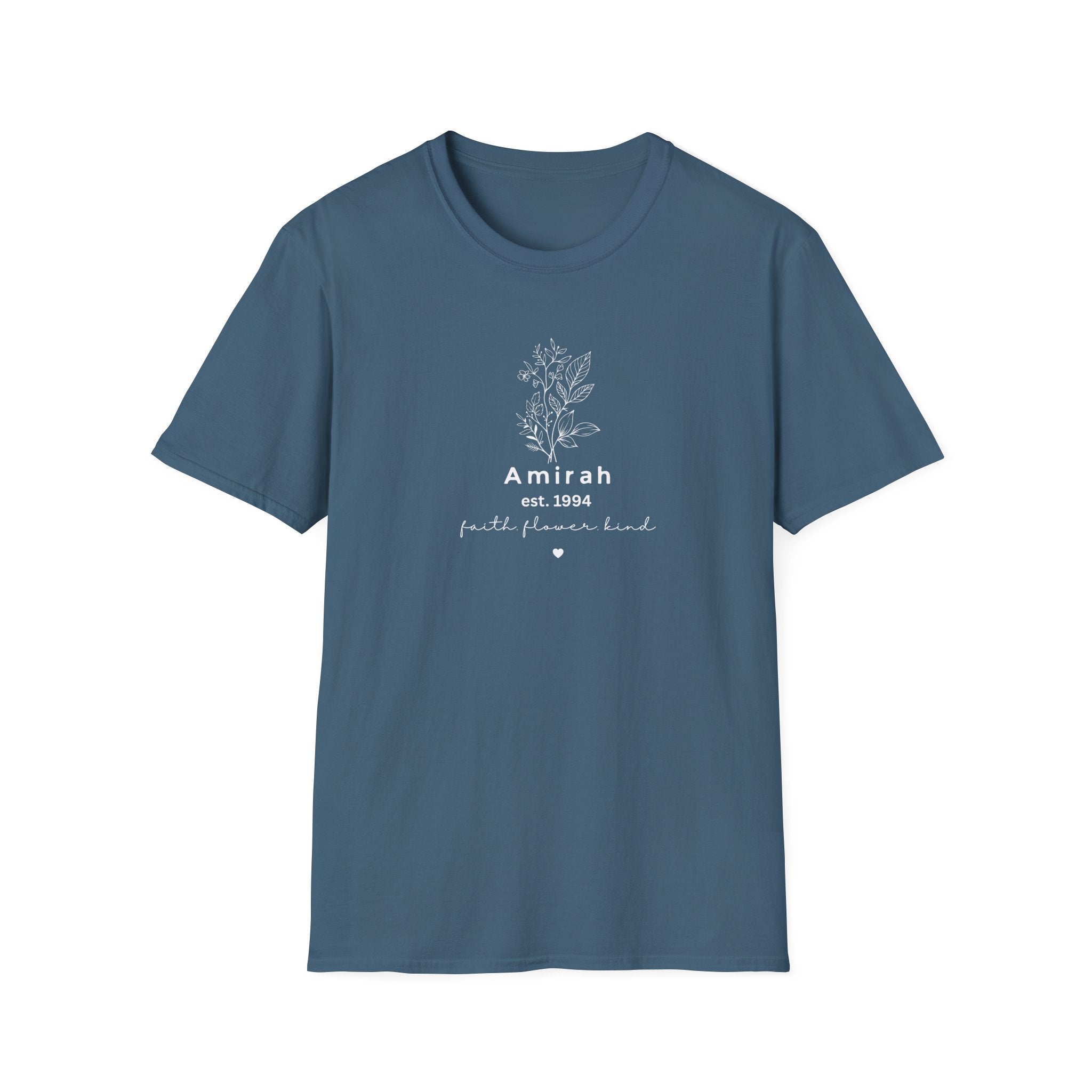 Personalized Floral Name T-Shirt — “Amirah est. 1994” Minimal Botanical Tee