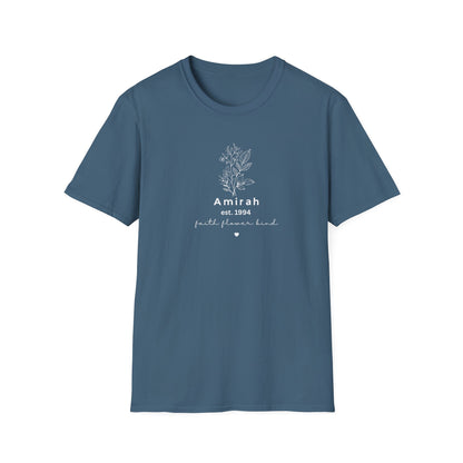 Personalized Floral Name T-Shirt — “Amirah est. 1994” Minimal Botanical Tee