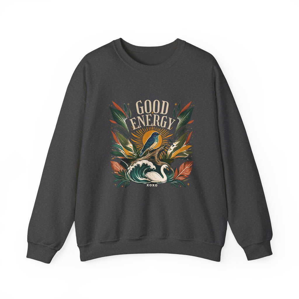 Charcoal unisex sweatshirt with “GOOD ENERGY” botanical bird chest graphic