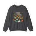 Charcoal unisex sweatshirt with “GOOD ENERGY” botanical bird chest graphic