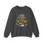 Charcoal unisex sweatshirt with “GOOD ENERGY” botanical bird chest graphic
