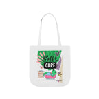 White tote bag with white handles featuring “Self Care” and a green frog