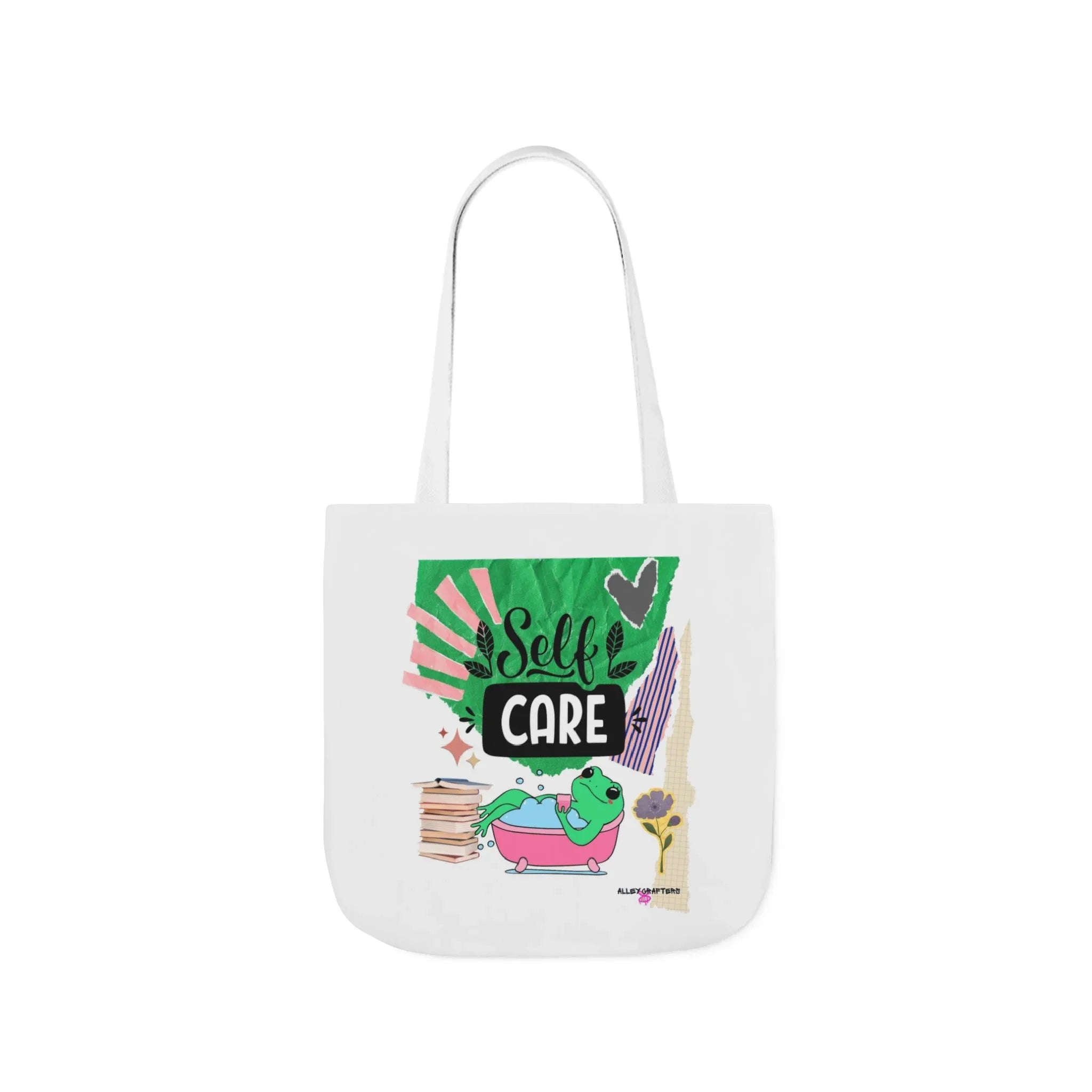 White tote bag with white handles featuring “Self Care” and a green frog