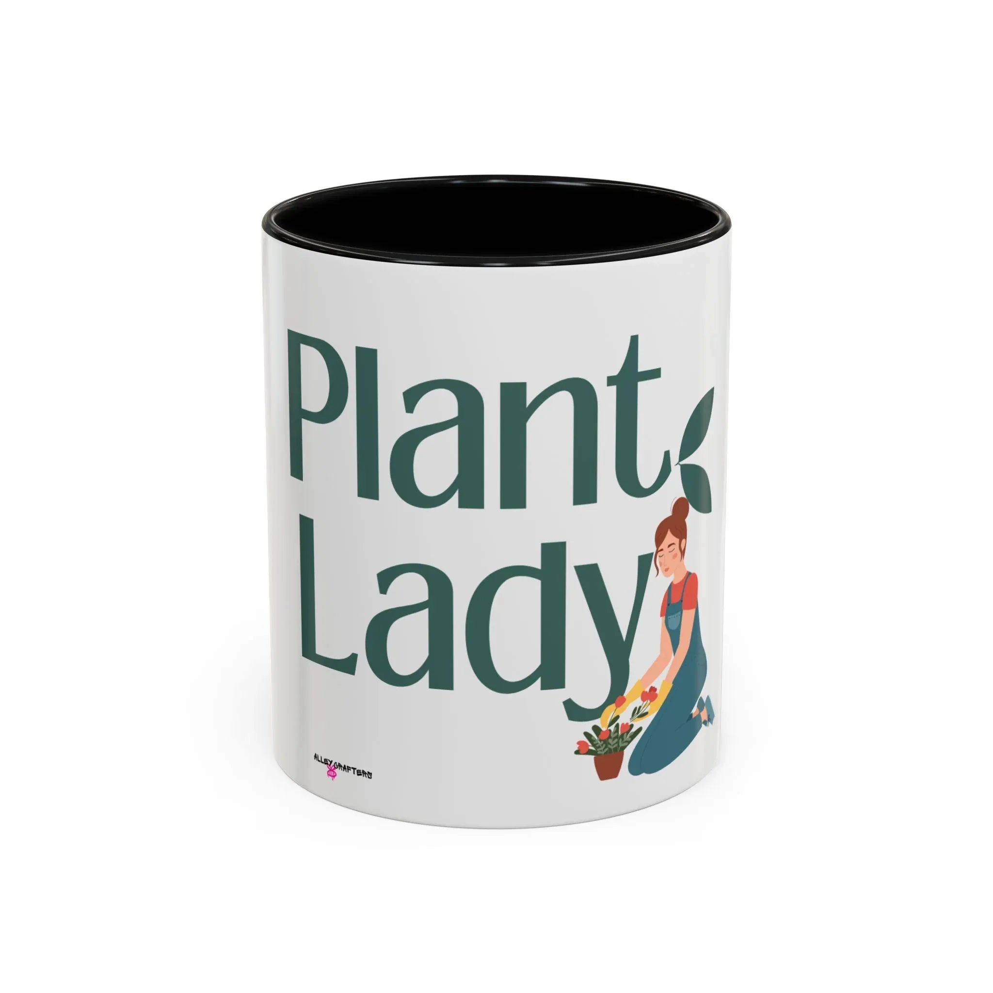 White coffee mug with dark interior, large green “Plant Lady” text and plants
