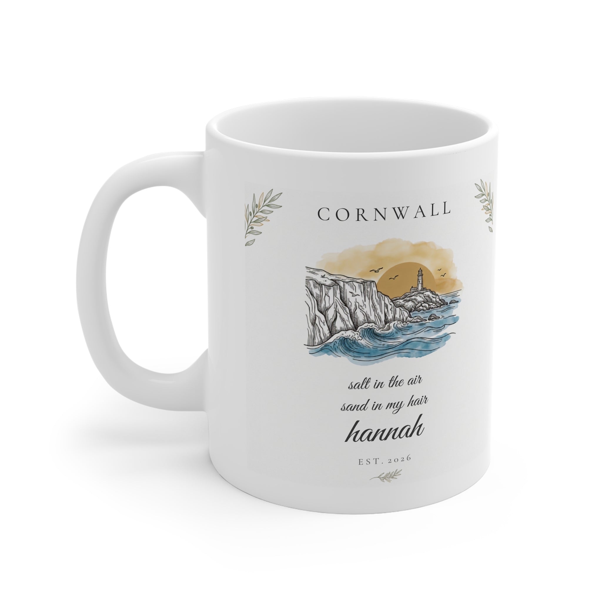 Personalised Cornwall Scenic Mug — Coastal Lighthouse Illustration - AlleyCrafters