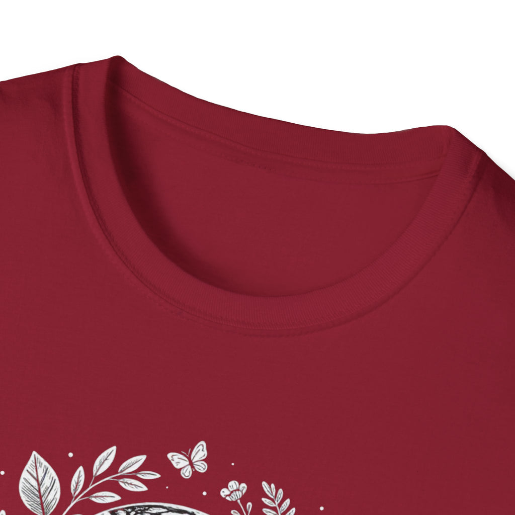 Cardinal red crewneck T-shirt neckline with partial white globe-and-leaf graphic
