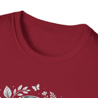 Cardinal red crewneck T-shirt neckline with partial white globe-and-leaf graphic