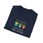 Navy crewneck T-shirt with cartoon plants and 'MRS. WILSON' graphic.