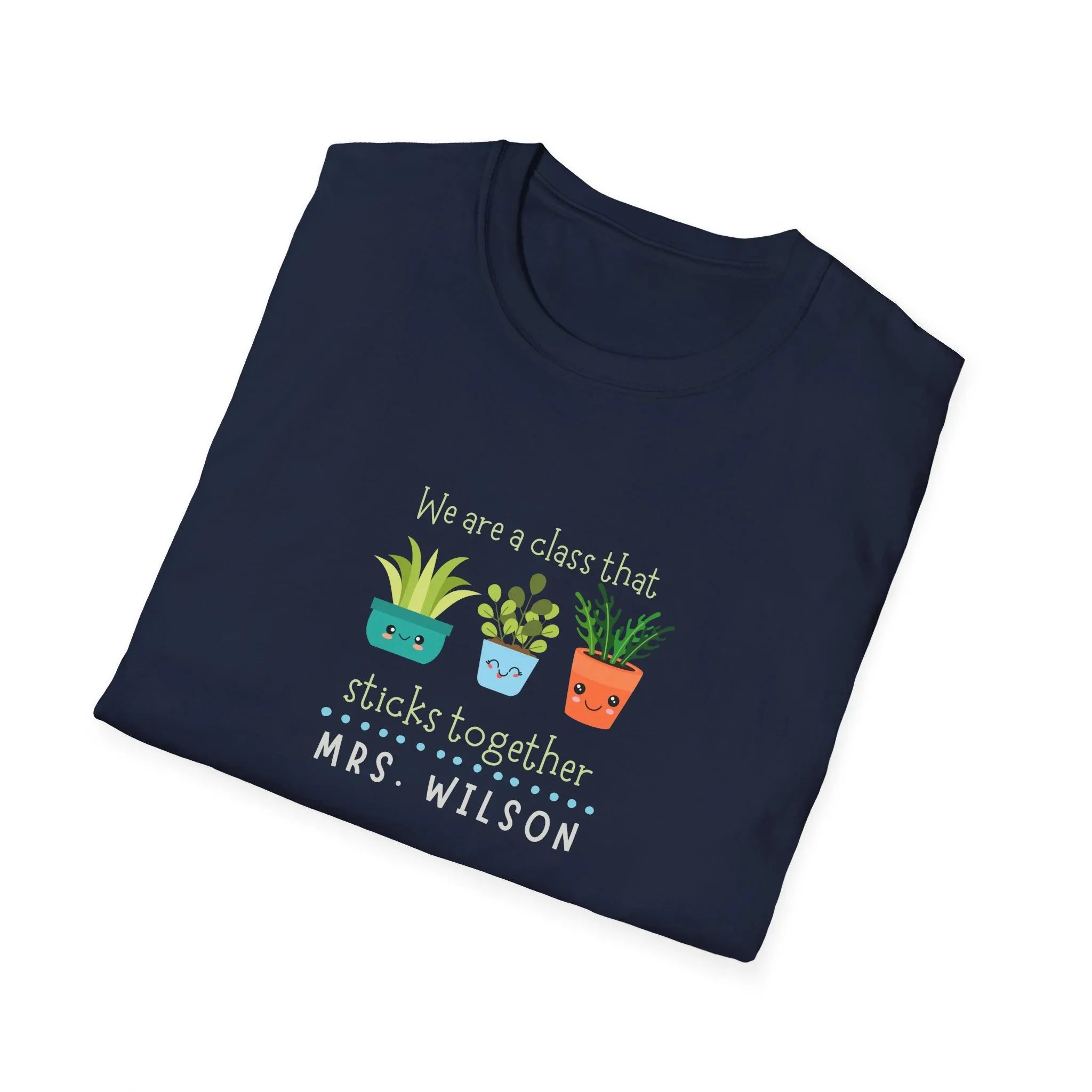 Navy crewneck T-shirt with cartoon plants and 'MRS. WILSON' graphic.
