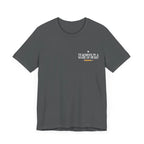 Asphalt gray unisex t-shirt with “Teaching is a work of heart” heart-and-text