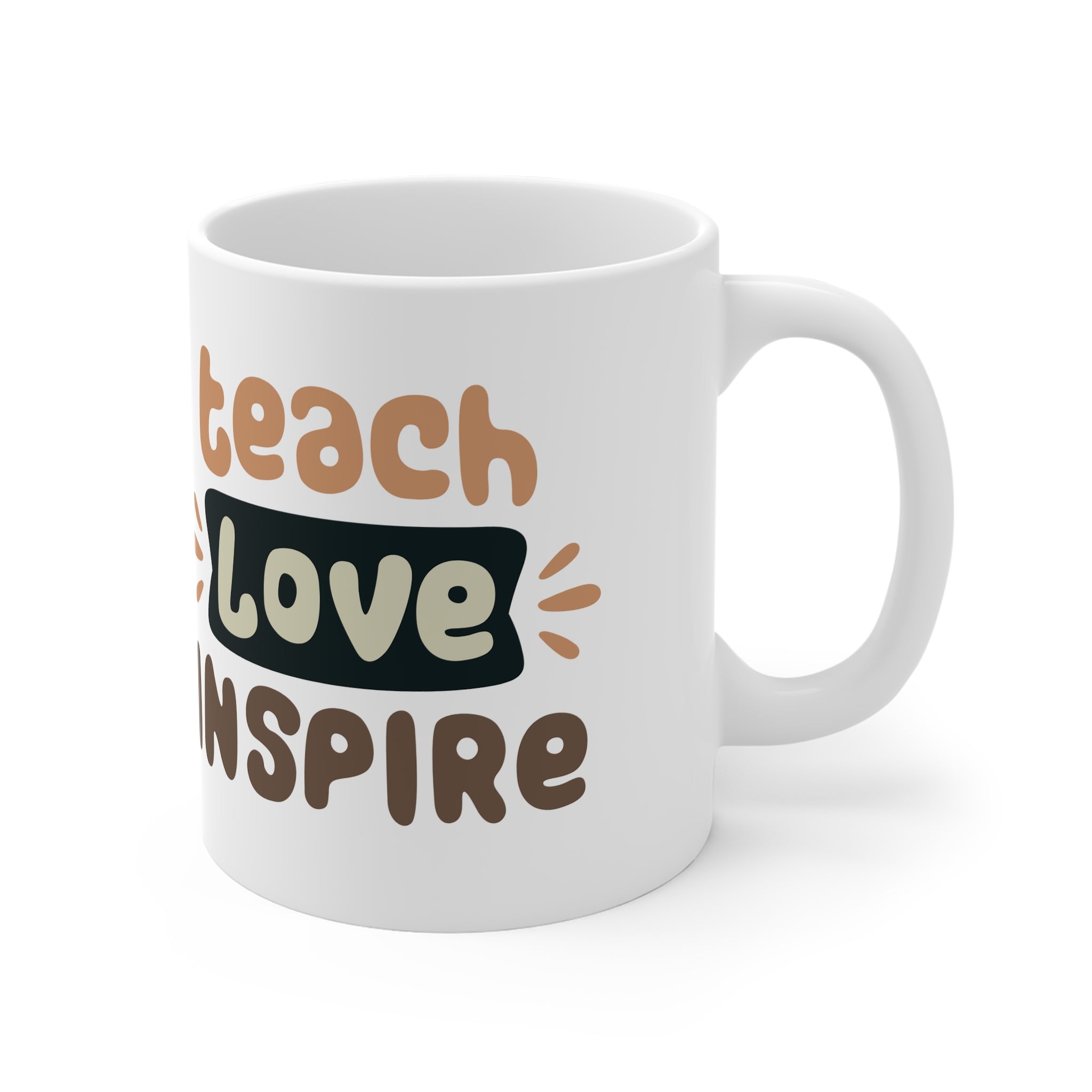 White coffee mug with "teach love inspire" text design