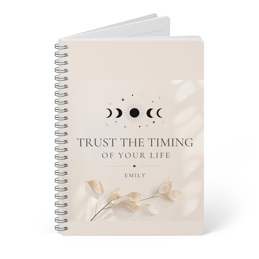 Personalized A5 lined notebook stack, beige floral quote cover and spiral binding
