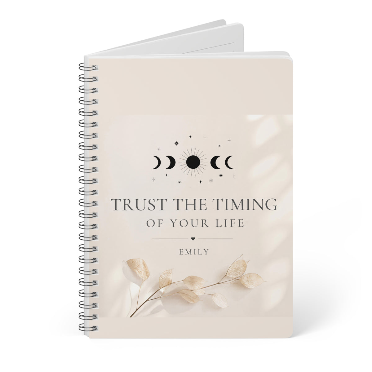 Personalized A5 lined notebook stack, beige floral quote cover and spiral binding