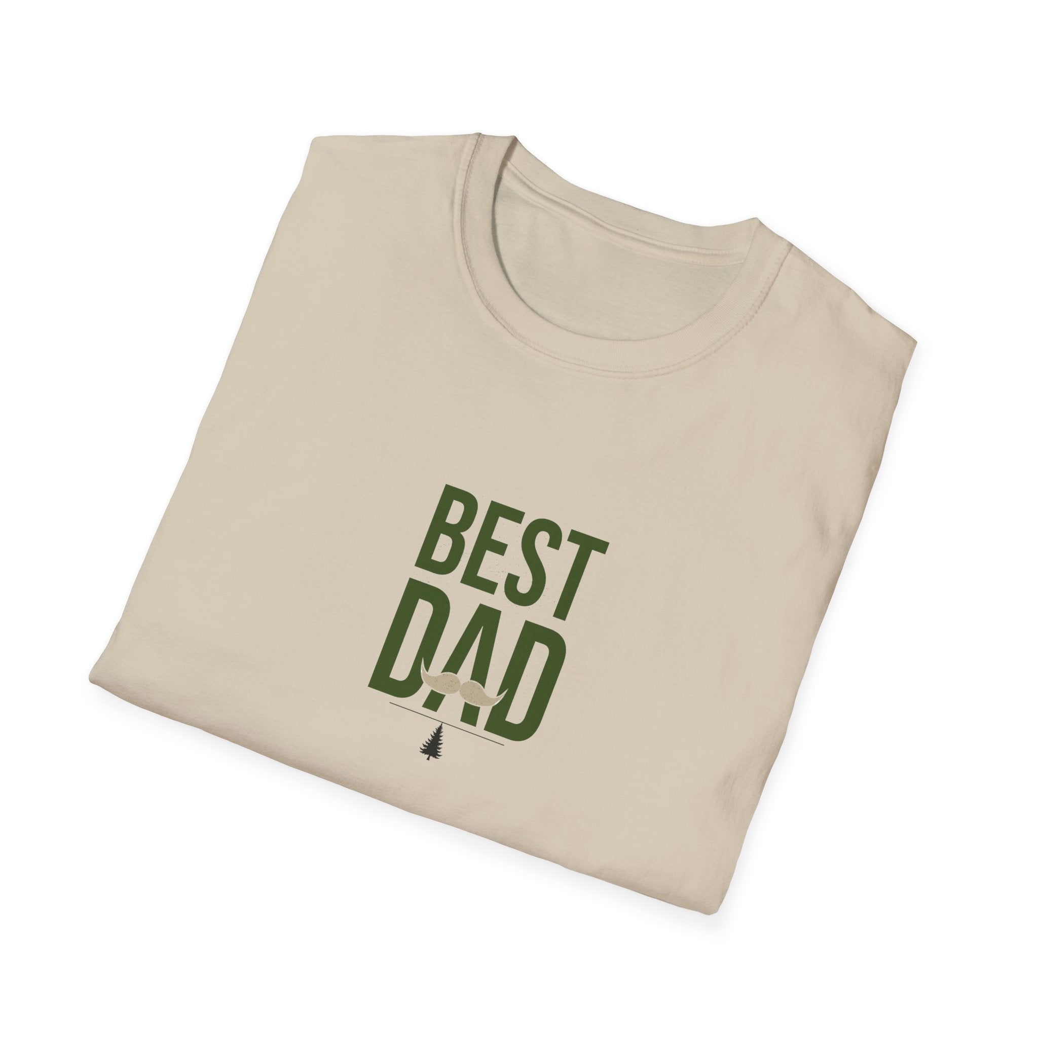 Folded cream men’s graphic T-shirt with green “BEST DAD” design