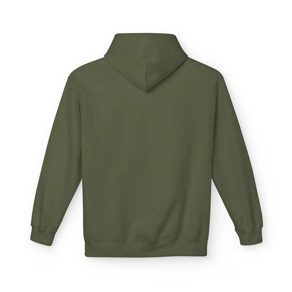 Olive green hoodie viewed from back with hood; no visible front graphic.