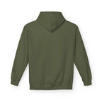 Olive green hoodie viewed from back with hood; no visible front graphic.