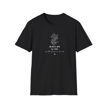Personalized Floral Name T-Shirt — “Amirah est. 1994” Minimal Botanical Tee