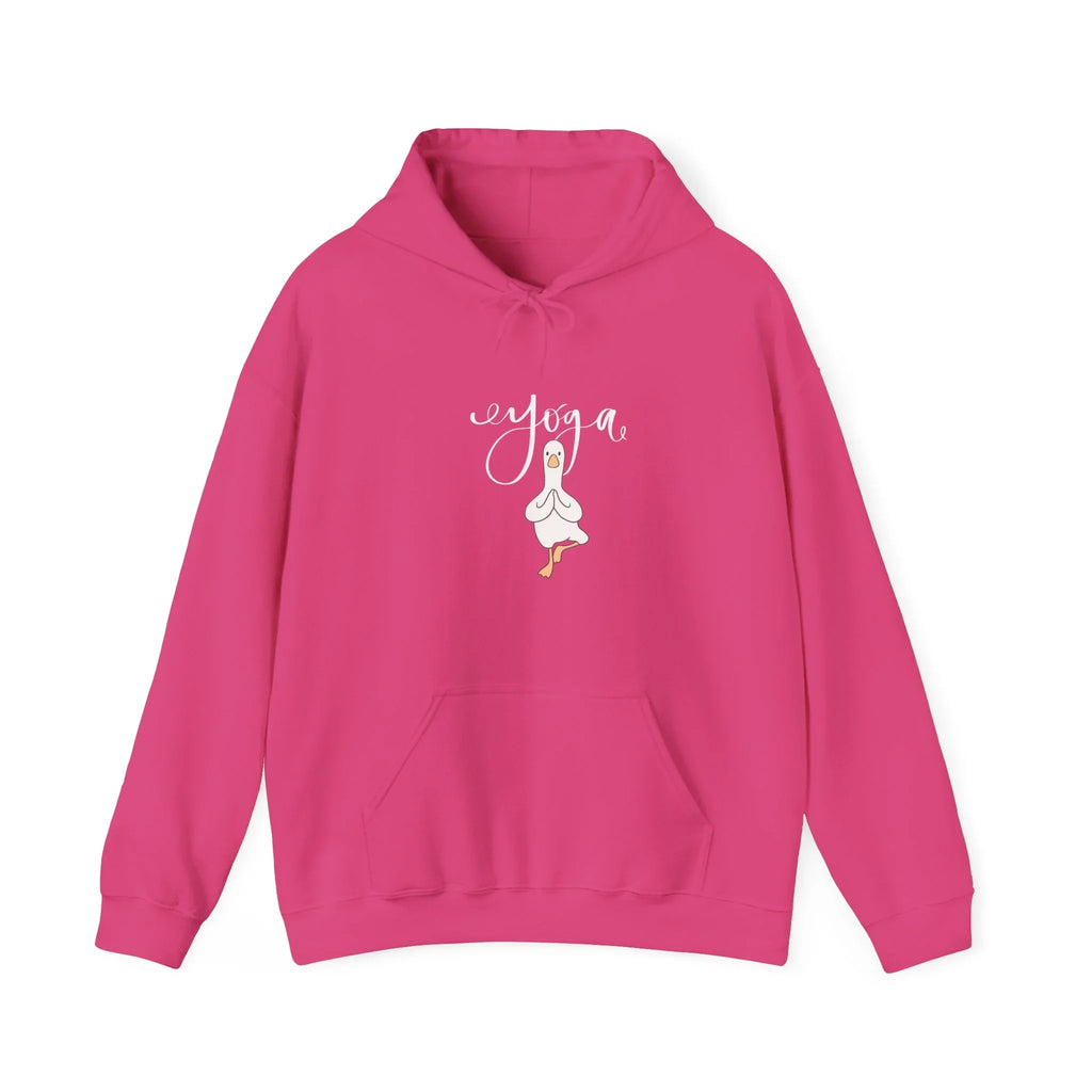 Pink duck pose hoodie with hood, drawstrings, and center duck graphic