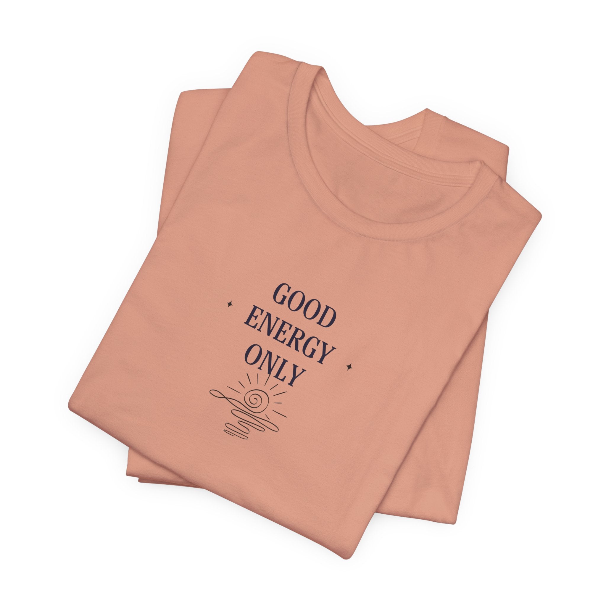 Terracotta T-shirt with crew neck and 'Good Energy Only' sun graphic on chest
