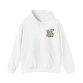 White hoodie with drawstring hood, front pouch pocket, and "Earth Girl Energy" chest logo.