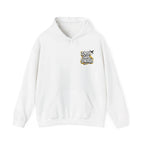 White hoodie with drawstring hood, front pouch pocket, and "Earth Girl Energy" chest logo.