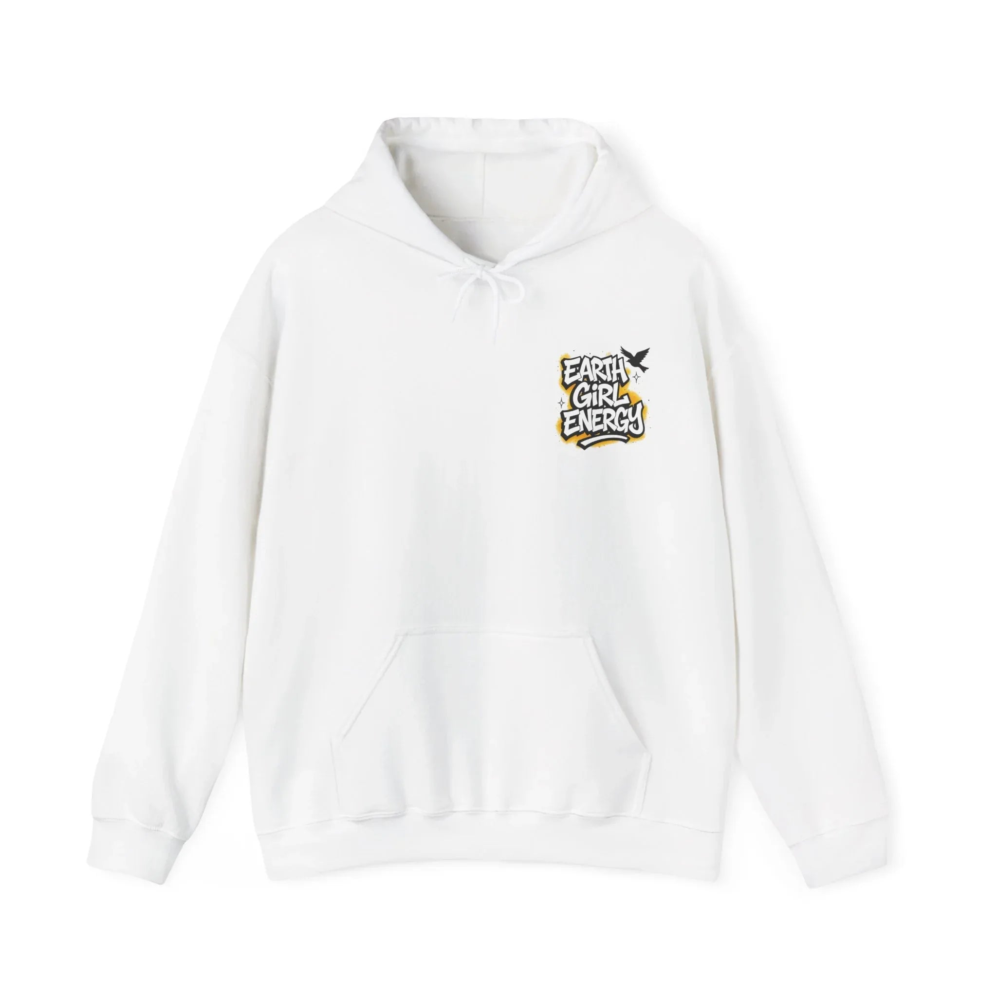 White hoodie with drawstring hood, front pouch pocket, and "Earth Girl Energy" chest logo.