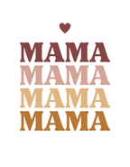 Printed design: small heart above stacked MAMA lettering in brown and tan