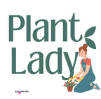 Plant Lady graphic ceramic coffee mug with green lettering and woman holding flowers