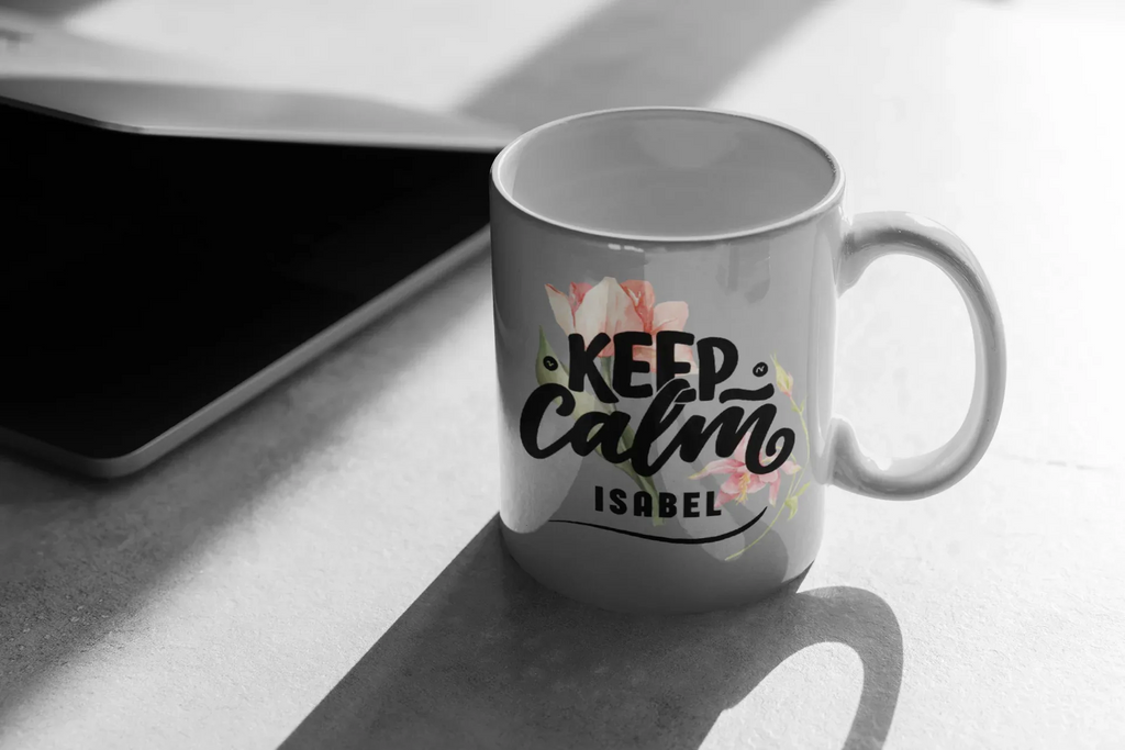 Gray ceramic mug with Keep Calm floral print and name ISABEL